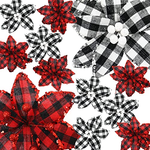12 Pcs Christmas Buffalo Plaid Poinsettia Ornaments with Glitter - Holiday Tree Decorations