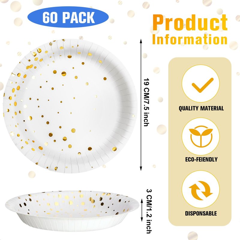 Yiyiring 60 Pack White and Gold Paper Bowls 7 Inch Disposable Gold Dot Paper Bowls for Party Birthday Supplies Round Snack Dessert Salad Disposable Tableware for Wedding, Engagement, Baby Shower
