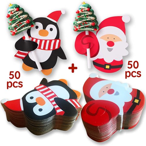 Christmas Lollipop Cards Santa Claus and Penguin Candy Holder, Sugar-Loaf Candy Gift Package Wrapping, Xmas Wedding Birthday Party Decorations, Candy Party Favors Greeting Cards for Kids (100PCS)
