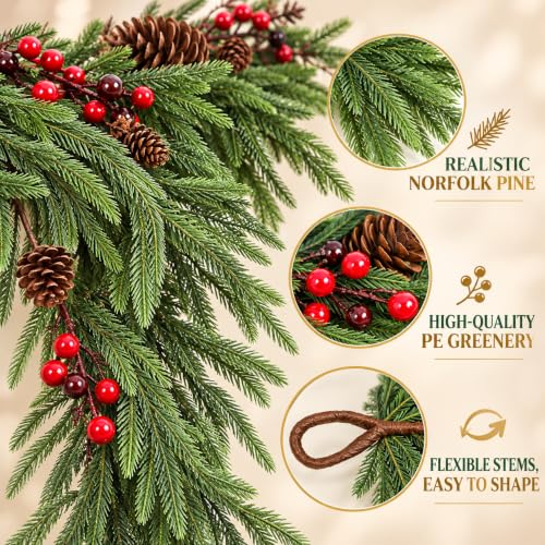 MERRI GLOW 9ft Real-Touch Norfolk Pine Garland - Pre-Lit Artificial Christmas Garland
