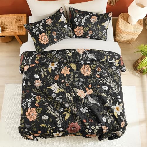 Litanika Floral Black King Quilt Set - 3 Piece Botanical Bedspread Coverlet