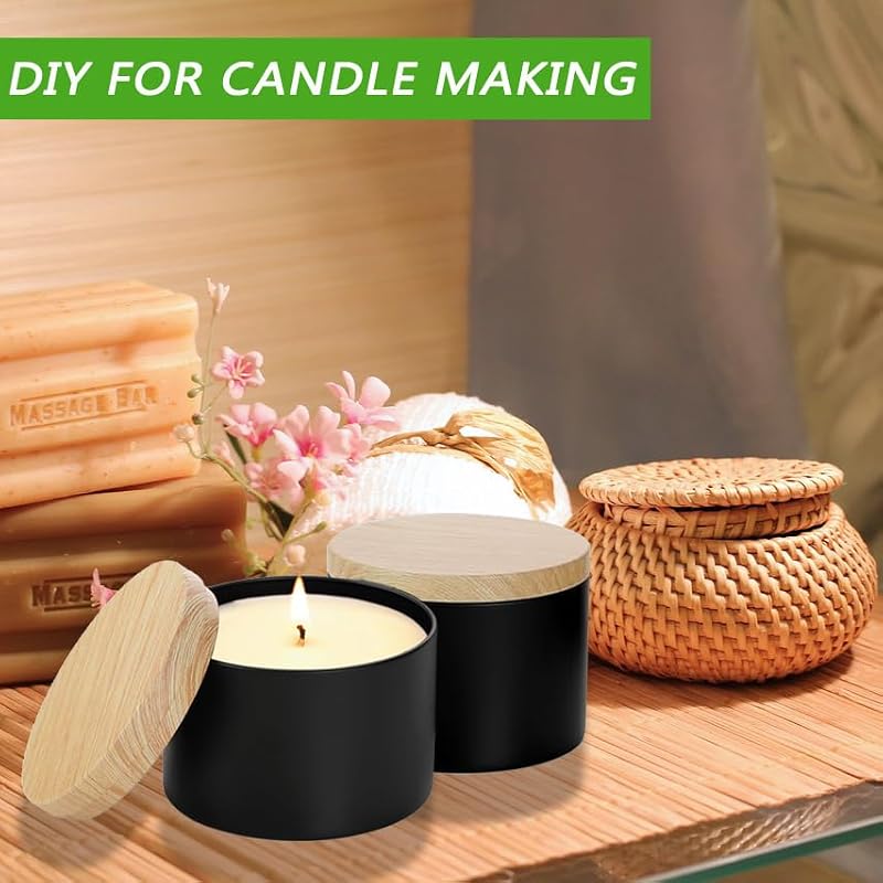 24 Pack Black Candle Tins with Wood Grain Lids - 4oz Metal Containers for Candle Making