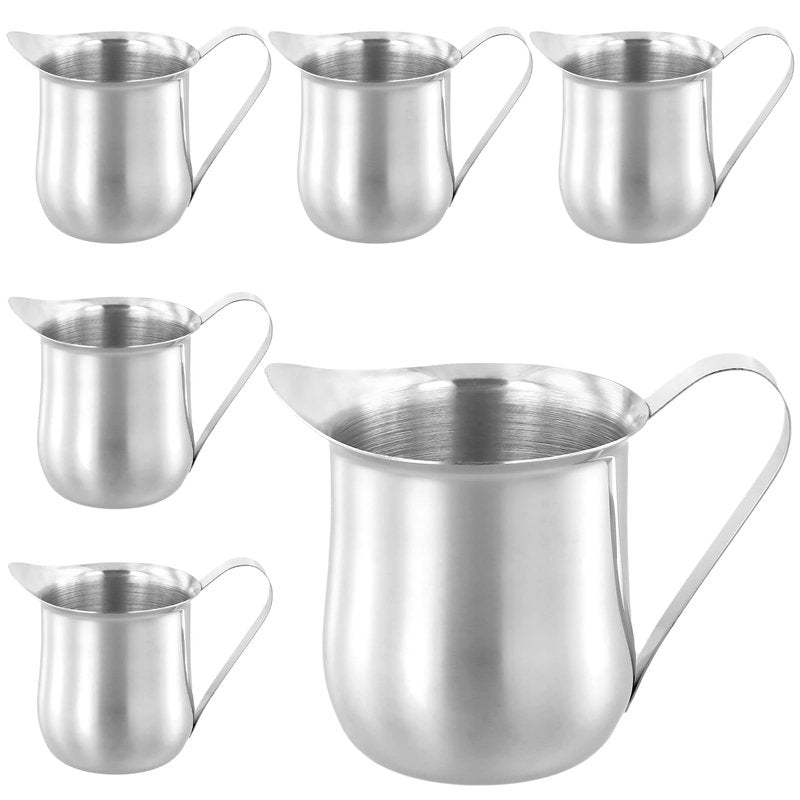 KEILEOHO 6 PCS 5oz Stainless Steel Bell Creamers, Small Creamer Pitcher, Coffee Creamer with Wide Mouth for Cream, Sauce, Milk, Coffee, Silver