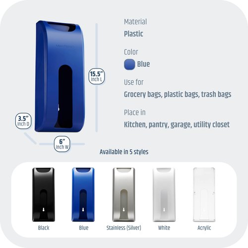 Manterio Plastic Bag Holder | Durable Plastic Wall Mount Kitchen Grocery Bag Storage Organizer | Smudge Proof, Fingerprint Resistant | Blue