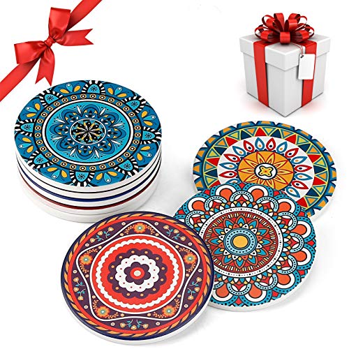AODINI Mandala Drink Coasters Set of 8 with Cork Base - Absorbent Ceramic Table Decor