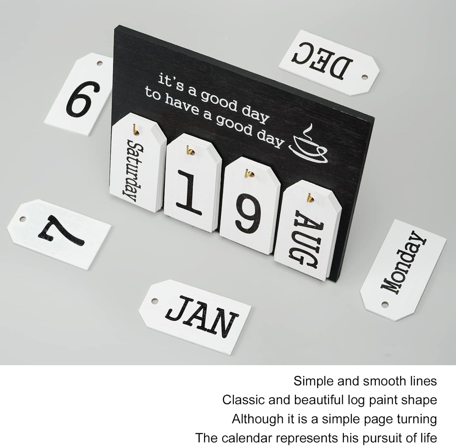 Notakia Perpetual Flip Calendar - Vintage Wooden Desk Calendar with Month & Day Display | Black Flip Design