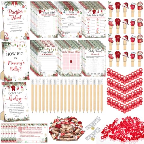 Red Christmas Santa Baby Shower Games Set 476 pcs Includes 9 Fun Activities
