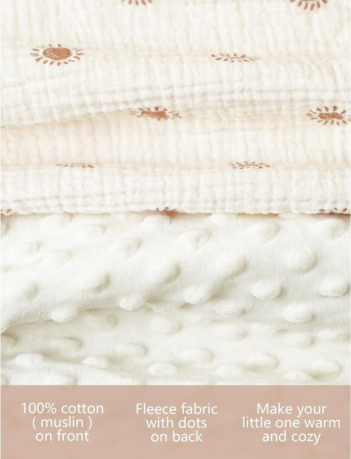 Konssy Baby Blankets - Super Soft Unisex Minky Nursery Throw with Muslin Cotton Front & Dotted Fleece Back