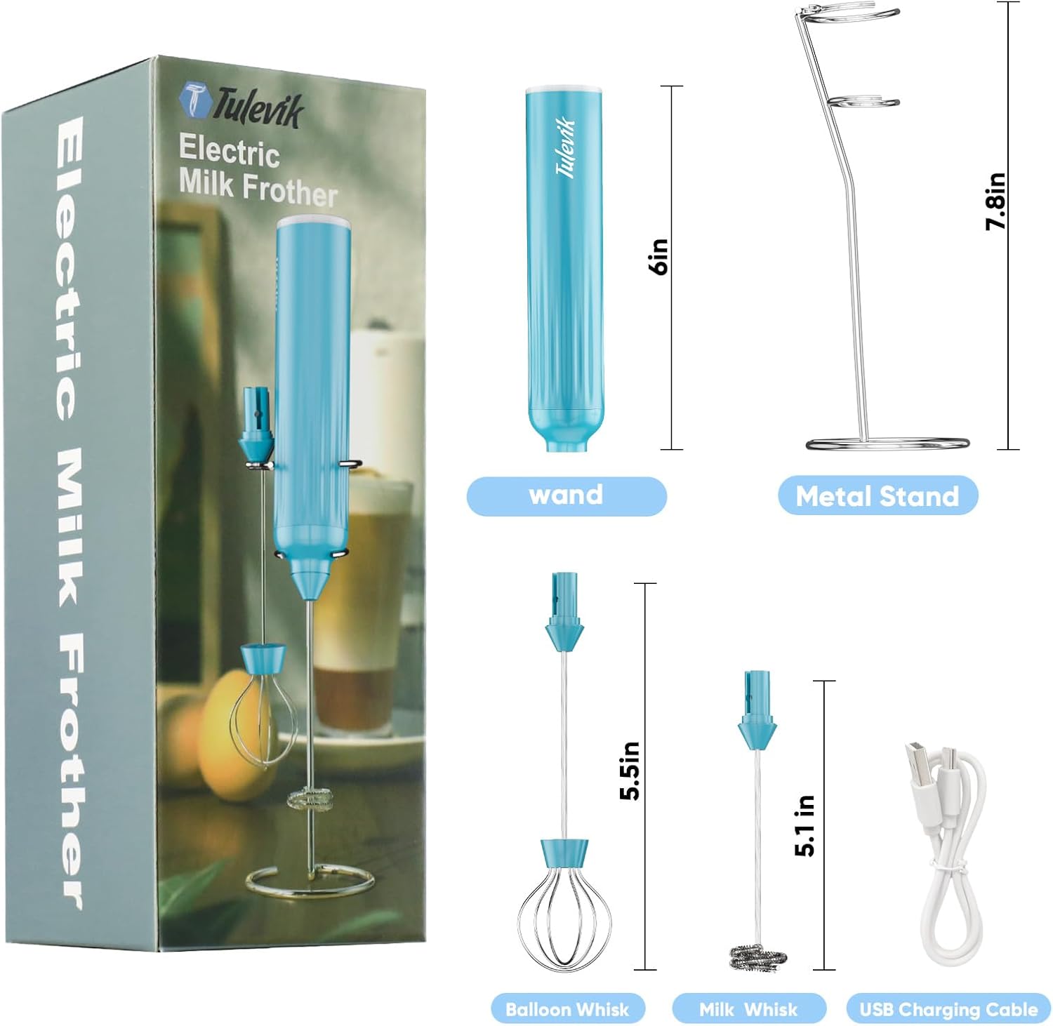 Skiennix Handheld Milk Frother - Electric Whisk with 3 Speeds & USB Rechargeable | Mini Frother for Coffee, Latte, Cappuccino - Blue