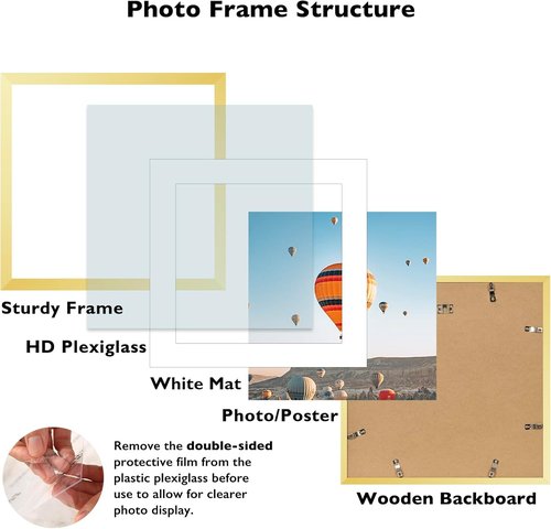 JCJMY 18x18 Gold Picture Frame - Shatter Resistant Plexiglass with 14x14 Mat for Wall Display
