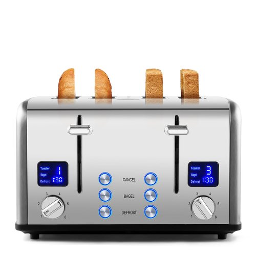 Stainless Steel Toaster, CUSIMAX 4 Slice Toaster with Smart LED Display, Exart Wide Slots, 6 Shade Settings, 1650 Watts, Bagel and Defrost Fuction, Cancel Button, Removable Crumb Trays