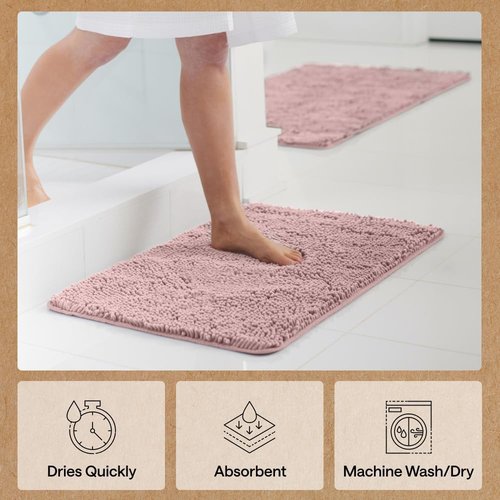 GORILLA GRIP Bath Rug Mat - Thick Soft Absorbent Chenille | Quick Dry Microfiber, 24x17 Dusty Rose
