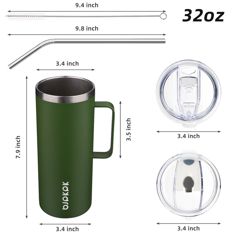 BJPKPK Insulated Coffee Mug with 2 Lids, 32oz Stainless Steel Insulated Tumbler with Handle, Double Wall Vacuum Coffee Cups, BPA Free Travel Mug for Coffee, Tea and Drinks, Forest Green