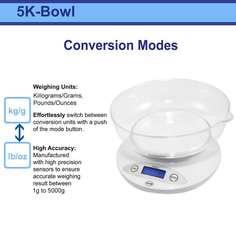 American Weigh Scales Digital Kitchen Bowl Scale, Backlit LCD Display, Auto Off Function, Removable Bowl Design White5KBOWL-WT