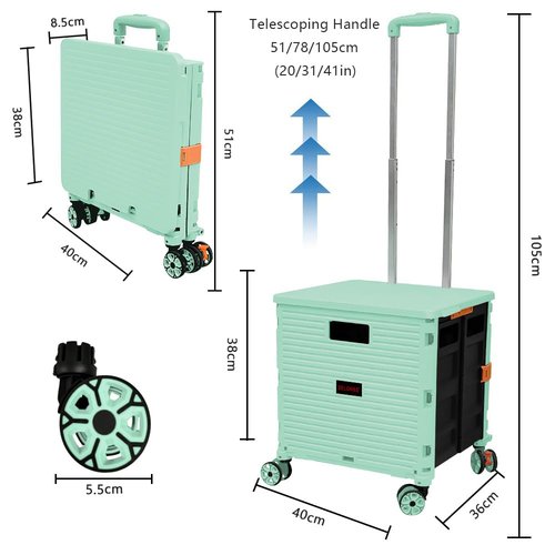 FELICON SELORSS Foldable Utility Cart Folding Portable Rolling Crate Handcart with Durable Heavy Duty Plastic Telescoping Handle Collapsible 4 Rotate Wheels for Travel Shop Move Luggage Office(Green