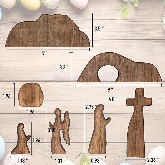 Wooden Easter Resurrection Scene, 7-Piece Empty Tomb & Cross Tabletop Decor