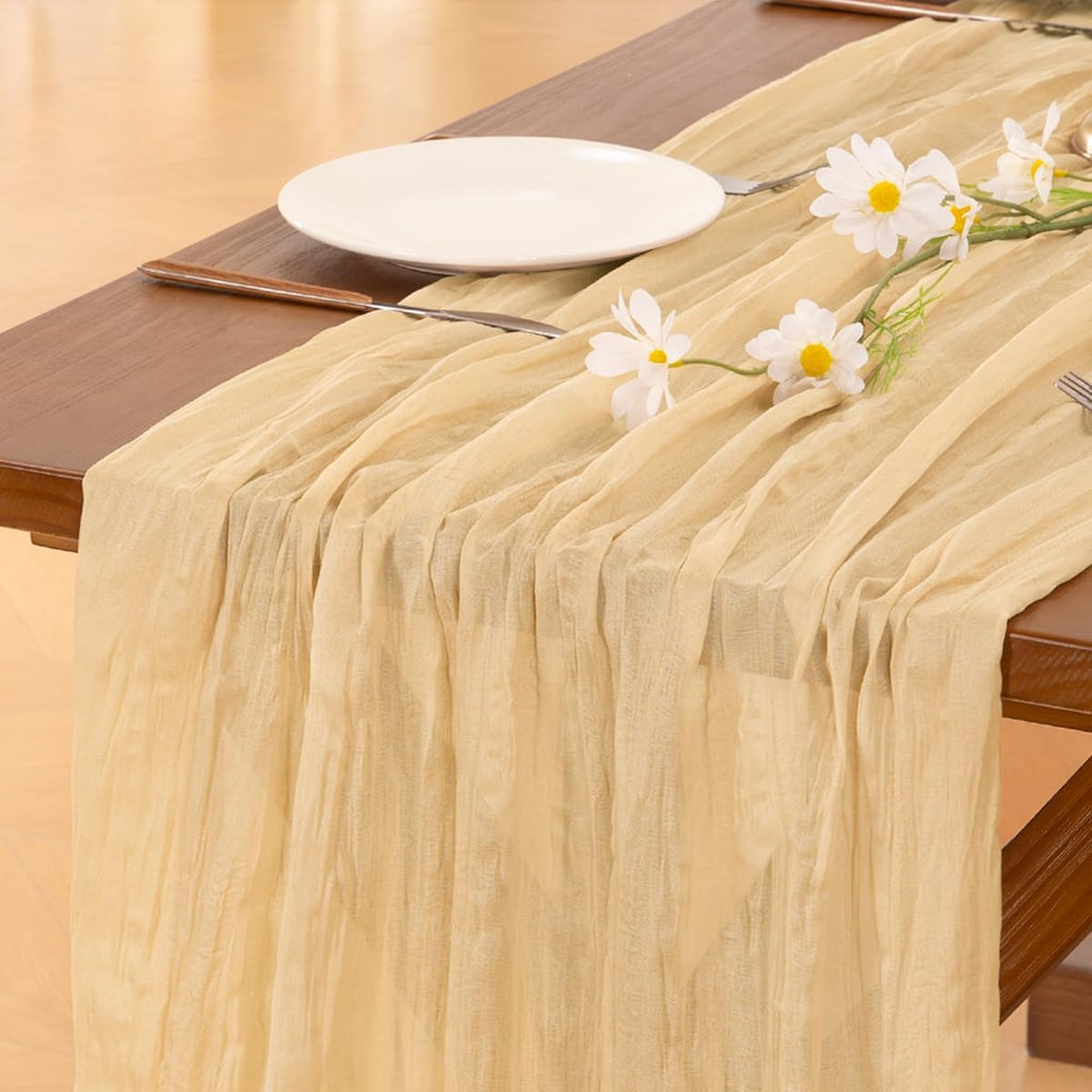 Socomi Gold Champagne Cheesecloth Table Runner - 120 Inch Sheer Gauze for Weddings & Events