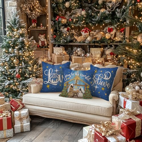 GEEORY Christmas Throw Pillow Covers 18x18 Inch Set of 4 Blue Holy Night Religious Decor