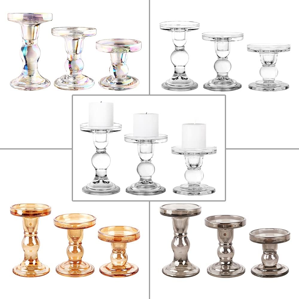 Skiennix 3-Piece Glass Candlestick Set - Elegant Crystal Holders for Weddings & Christmas | 7 Colors Available