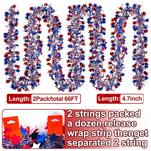 Red White and Blue Patriotic Tinsel Garland Decor (2 Pack, 66 Ft)