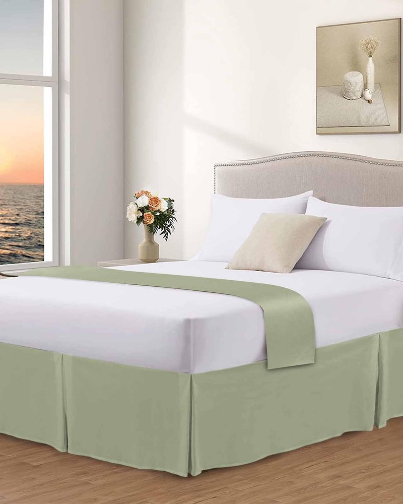 Sage Green Bed Skirt Queen Size 16 Inch Drop, Luxury Pleated Bed Frame Cover, Farmhouse Sage Green Decor Sheet & Wrap Around Bed Skirts Box Spring Cover Dust Ruffle for Queen Bed with Split Corner