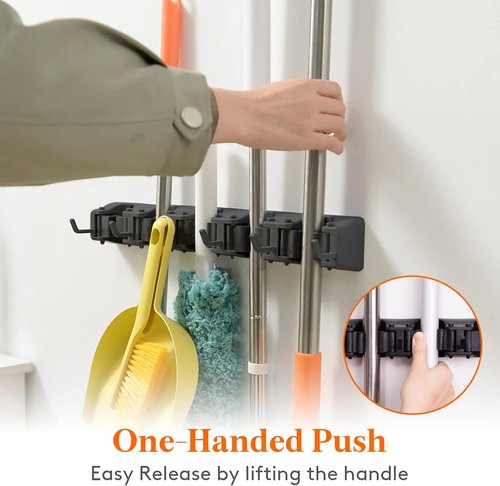 Lifewit Mop and Broom Holder - Anti-Slip Wall Mount Organizer with 5 Slots & 6 Hooks - Black