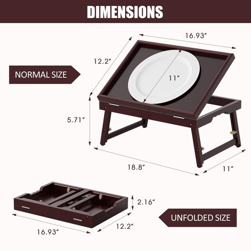 Bamboo Adjustable & Foldable Bed Tray Table with Ergonomic Handle, 17x12in Breakfast Tray for Eating, Laptop Desk, Sofa Snacking, Non-Slip Surface (Mahogany)
