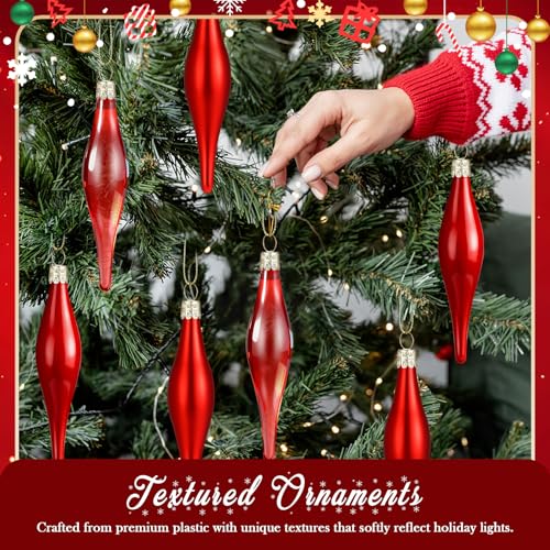 Seenelling 12 Pcs Red Glass Teardrop Christmas Ornaments - 3 Styles