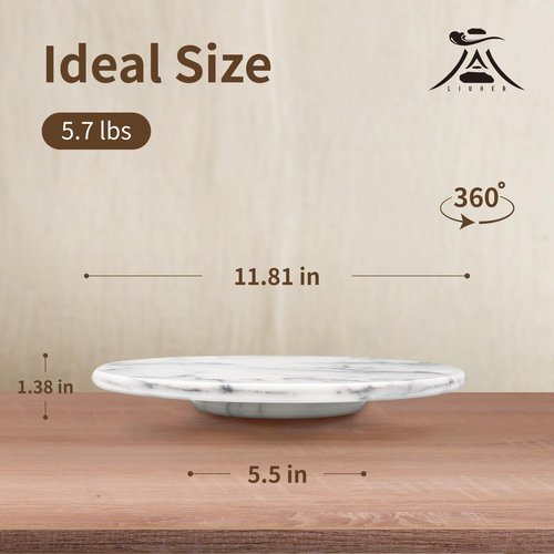 LIUHER Marble Lazy Susan Turntable for Dining Table & Countertop - 12 Inch White Stone Lazy Susan Cake Stand with Smooth 360° Rotation for Kitchen Serving, Food Display & Decorating