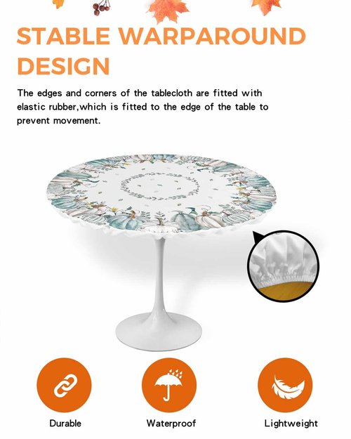 Fall Round Fitted Tablecloth with Elastic Thanksgiving White Teal Pumpkin Tablecloths Eucalyptus Leaves Table Cover for Kitchen Dinner Autumn Holiday Party Picnic Fits Tables up to 55"- 60" Diameter