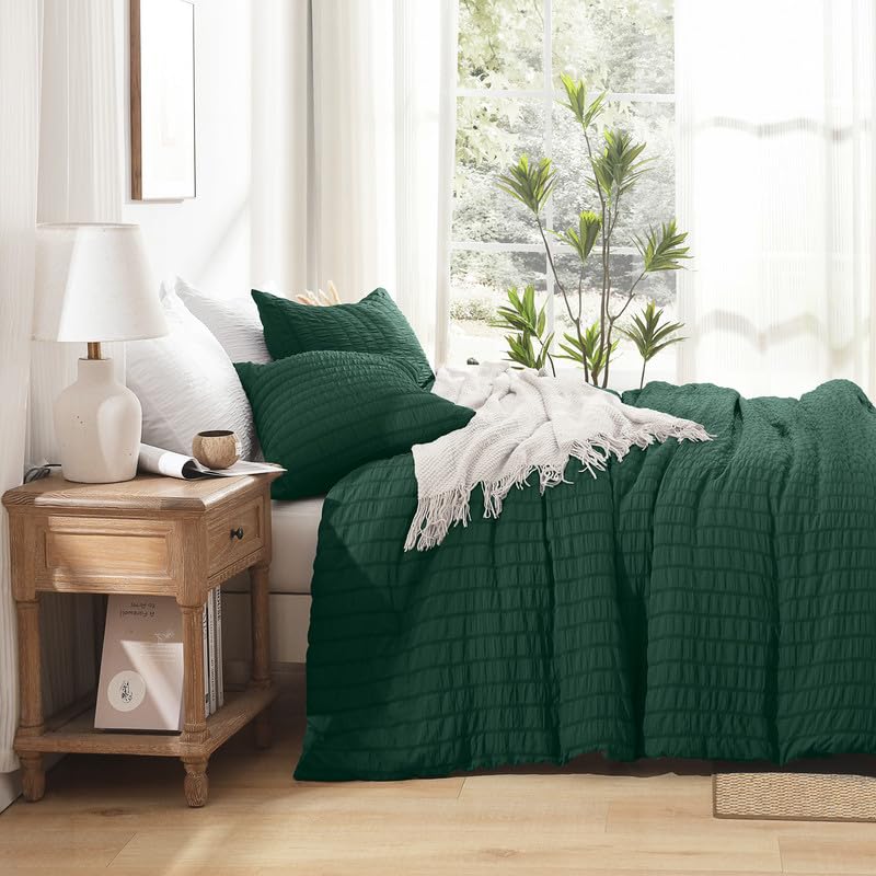 Dark Green Seersucker California King Comforter Set - 3 Pieces