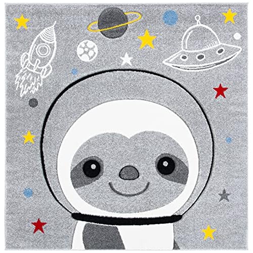 SAFAVIEH Carousel Kids Collection Area Rug - 3' Square, Grey & Ivory, Non-Shedding & Easy Care, Ideal for High Traffic Areas for Boys & Girls in Playroom, Nursery, Bedroom (CRK140F)