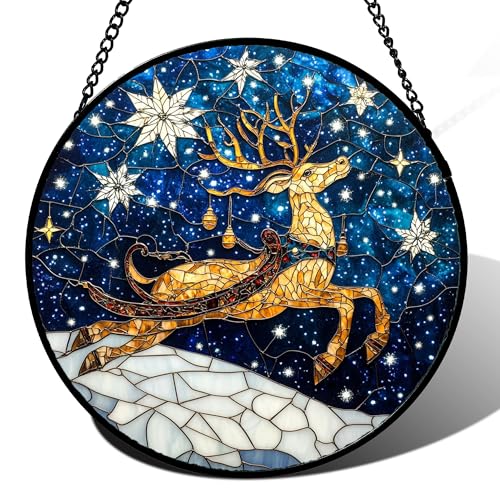 HWRHTR Blue and Gold Stained Glass Reindeer Window Hanging 7.8in Christmas Decor