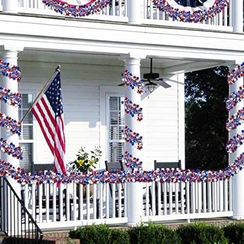 Patriotic 4th of July Tinsel Garland - 50ft Red White & Blue Star Decor