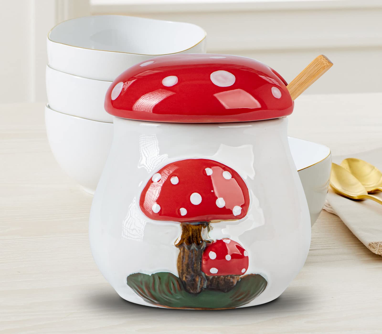 dgudgu Mushroom Sugar Bowl With Lid And Spoon Ceramic Sugar Bowl For Countertop Sugar Dish With Lid And Bamboo Spoon Sugar Container