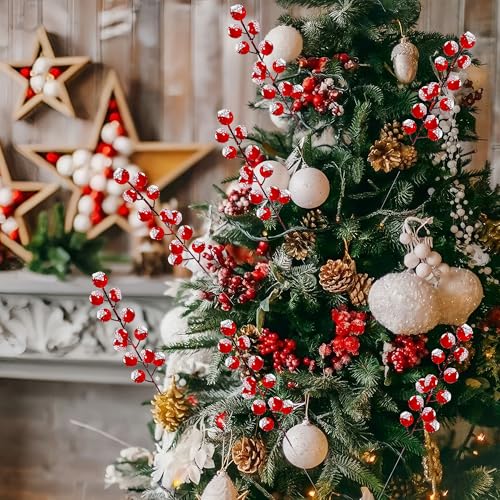 50pcs Christmas Tree Decoration, 8 Inch Snowy Red Artificial Berry Stems Branches, Christmas Berries Picks Berry Branches for Christmas Trees Ornaments Holly Tree Decor