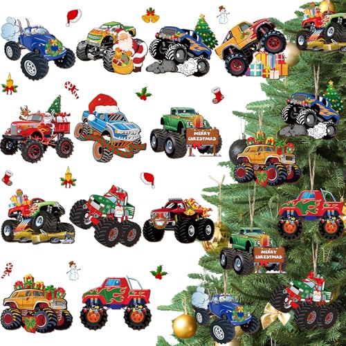 Thyle Monster Trucks Christmas Ornaments - 36 Wooden Holiday Decorations