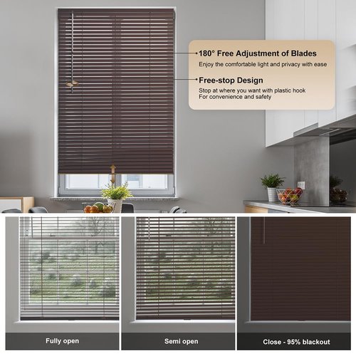 SEEYE Cordless Mini Blinds Aluminum Venetian Blind Horizontal Window Shades, 1" Slat Size - Rooming Darkening Blinds Anti-UV & Waterproof for Bedroom, Office, Easy to Install, 44" W x 64" H, Brown