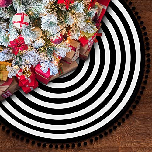 30-Inch Black and White Christmas Tree Skirt with Pom Pom Trim
