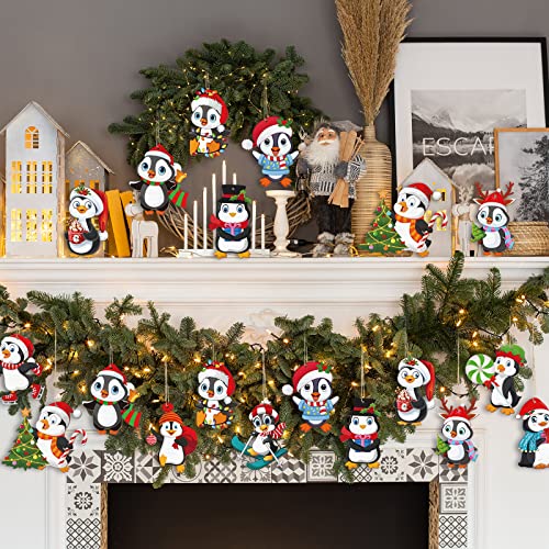 Penguin Christmas Tree Ornaments 48-Pack Wooden Decorations with Rope