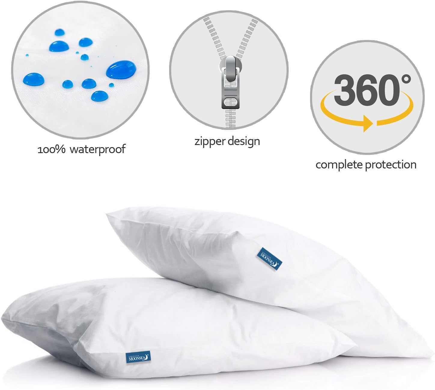 Skiennix Waterproof Pillow Case Protectors - Zippered Encasement, 4 Pack, Standard Size 20 x 26 Inch, White