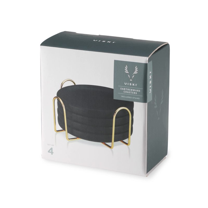 Viski Earthenware Coasters Set of 4 - Ceramic Drink Coasters - Outdoor Coasters for Drinks - Unique Coasters with Gold Stand Black