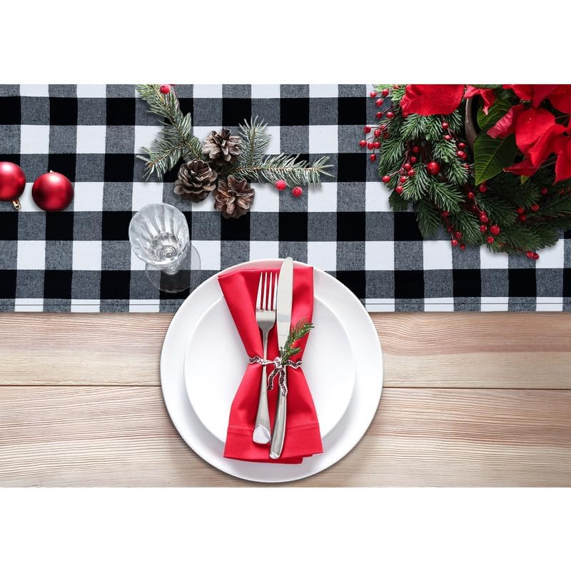Senneny 14 x 108 Inch Reversible Black and White Buffalo Plaid Christmas Table Runner