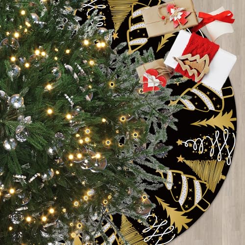 48-Inch Black and Gold Velvet Christmas Tree Skirt - Snowflake Base Cover