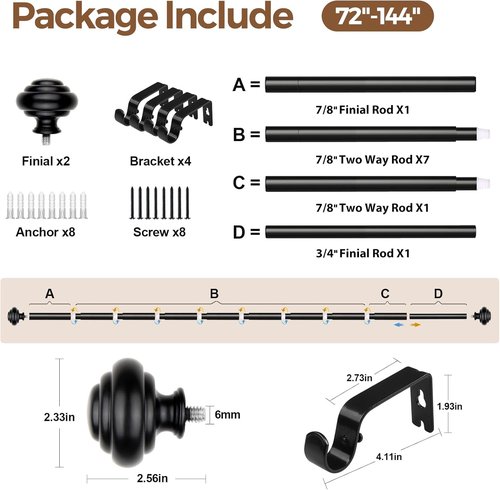 KAMANINA Black Curtain Rods - Heavy Duty Adjustable Drapery Rods Set | 72 to 144 Inches with Modern Finials