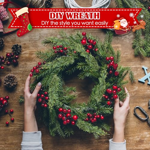 Artificial Christmas Pine Branches with Red Berry Stems - 60 Pack Holiday Decor