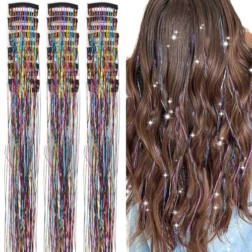Clip-In Fairy Hair Tinsel Kit for Women & Girls - Laser Color, 23.5 Inch, Glitter Hair Accessories for Parties and Holidays