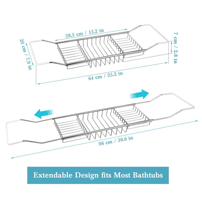 Cabilock Stainless Steel Expandable Bathtub Tray, Chrome Polished Telescopic Bath Tub Shelf, Bathroom Organizer for Soap, Shampoo, Phone and Sundries