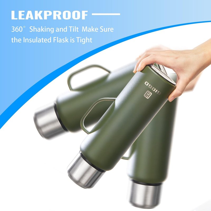 Insulated Vacuum Thermo Bottle 1500ml/50.7oz with Cup Stainless Steel Coffee Bottles for Hot and Cold Drink Water Flask.(Silver, with Handle, 1500ml)