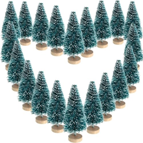 24 Pcs Mini Bottle Brush Christmas Trees with Wood Base - Snow Frosted